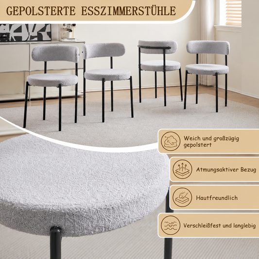 Gepolsterte Esszimmerstühle mit weicher Sitzpolsterung und strukturiertem Teddy-Bezug im Detail
