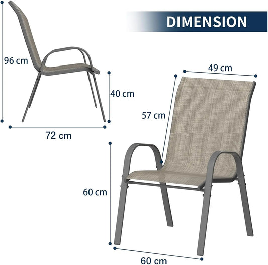 6er-Set stapelbare Terrassenstühle – Maßdarstellung mit Vorder- und Seitenansicht eines Stuhls