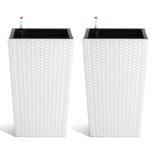 2er Set Selbstbewässernde Blumentöpfe mit Wasserstandsanzeige – 40 cm Rattan-Optik Pflanzgefäße für Innen & Außen, Wetterfest, Weiß