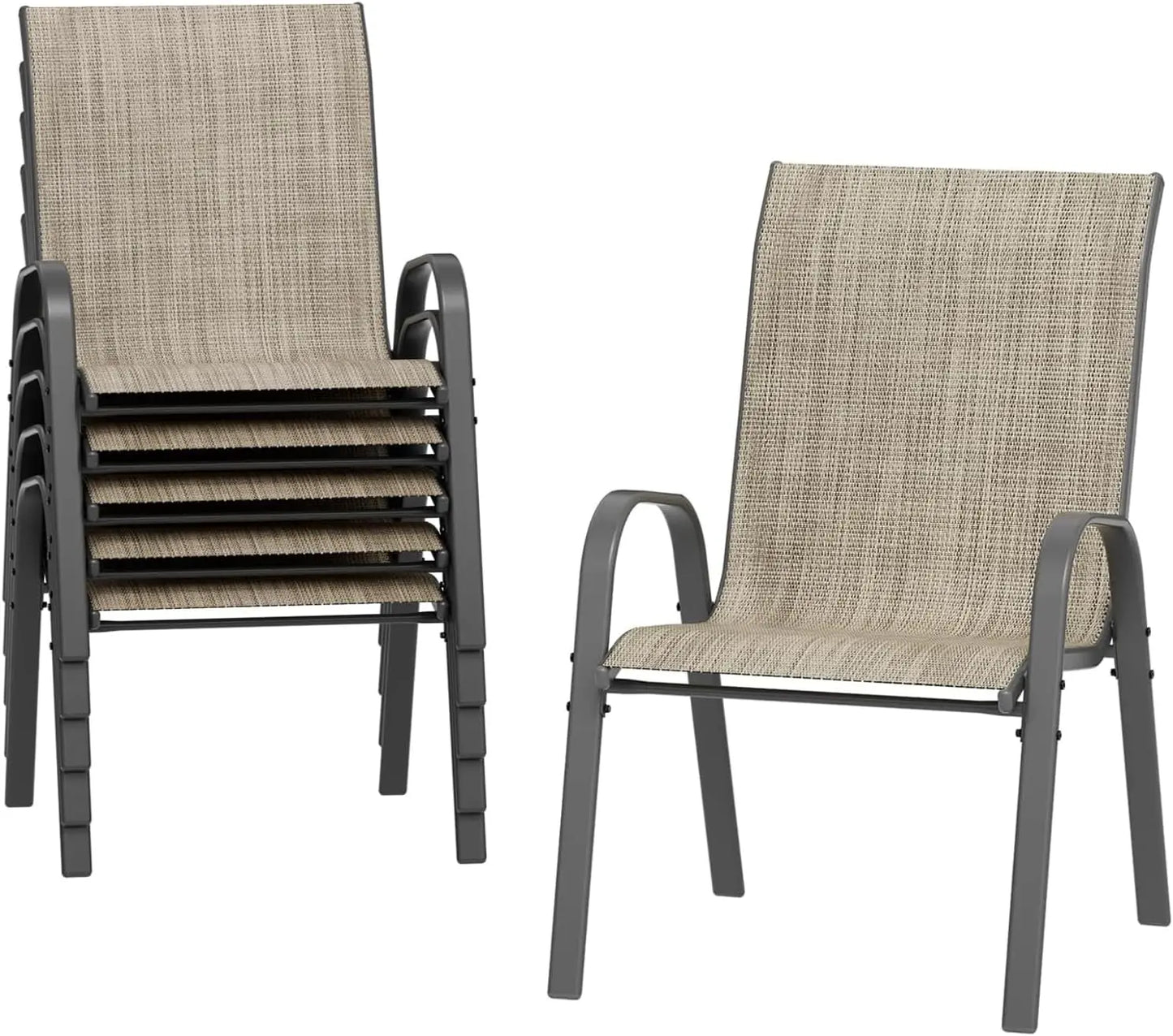6er-Set stapelbare Terrassenstühle in Beige – Vorder- und Rückansicht