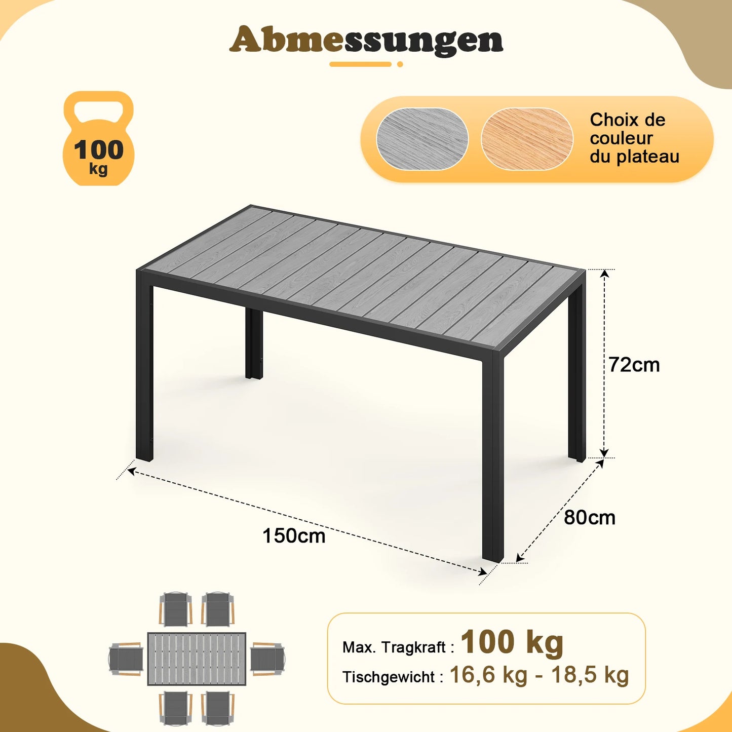 Aluminium Gartentisch wetterfest mit stabilem Aluminiumgestell
