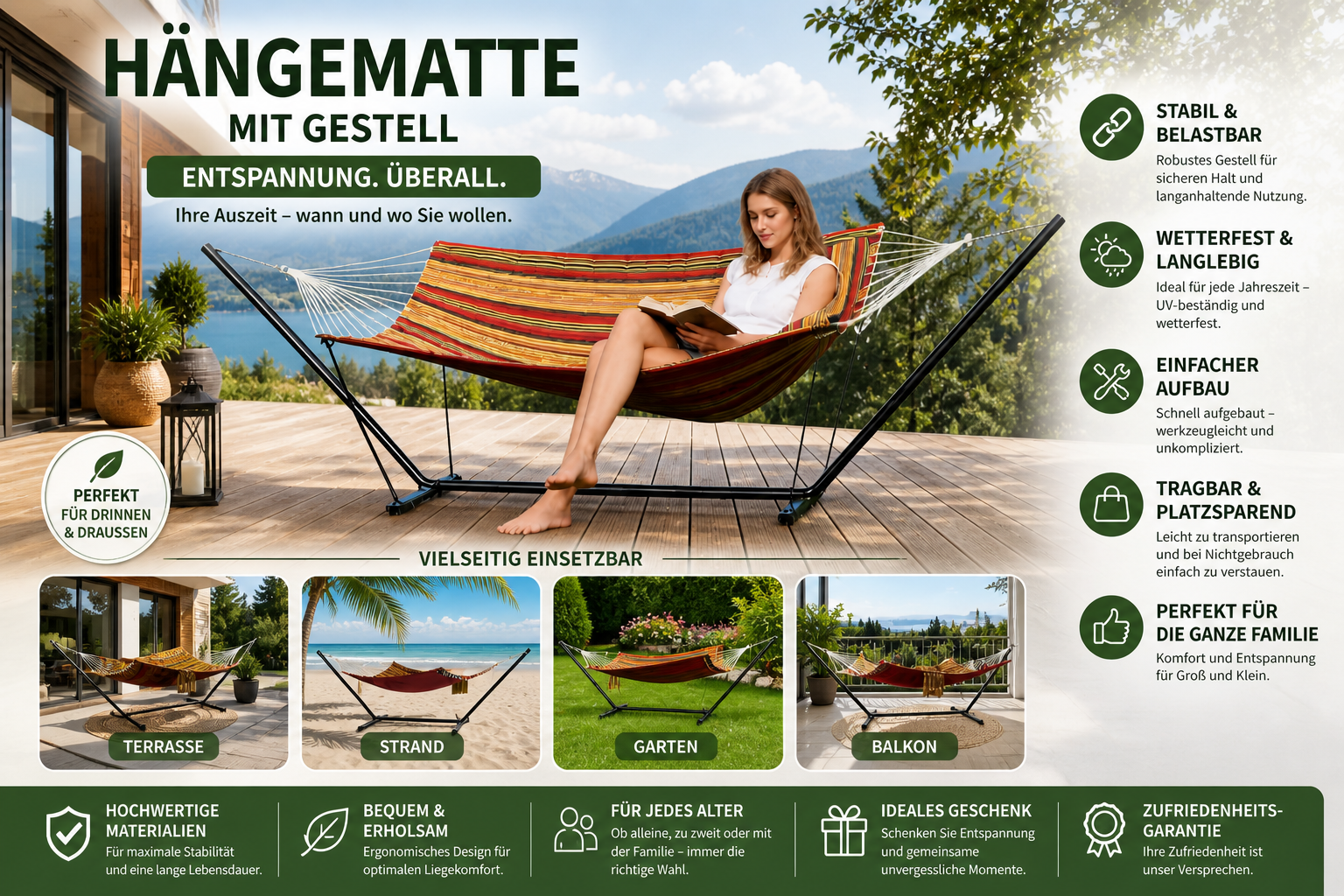 2-Personen Hängematte mit Gestell – Stabil, Komfortabel & Wetterfest –  DomGarten24