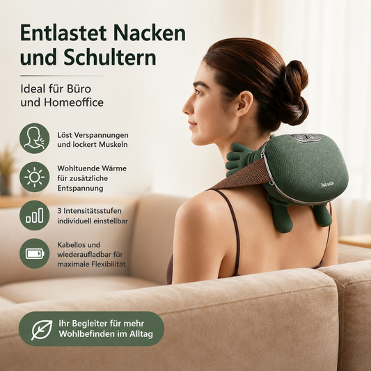Person nutzt ein Nacken- und Schultermassagegerät zur Entspannung im Schulterbereich