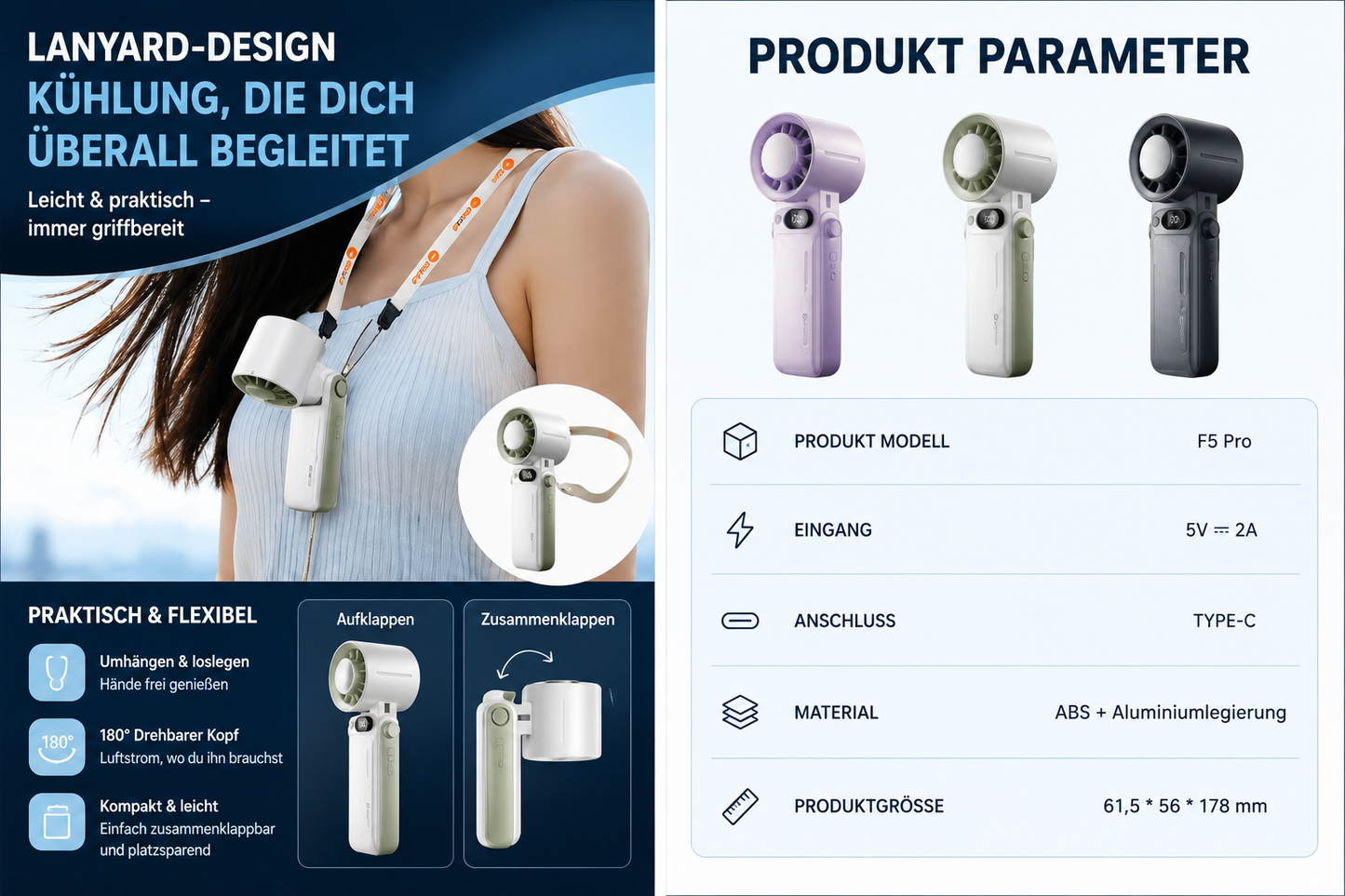 Tragbarer Turbo-Handventilator F5 Pro – 8000mAh Akku, 199 Windstufen & LED-Display