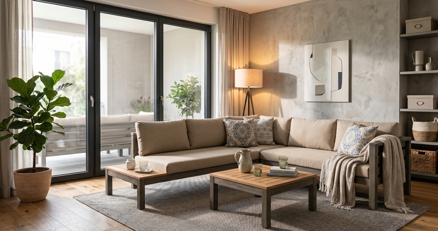 Gemütliches Wohnzimmer mit nachhaltigen Möbeln und Pflanzendekoration für nachhaltiges Wohnen.