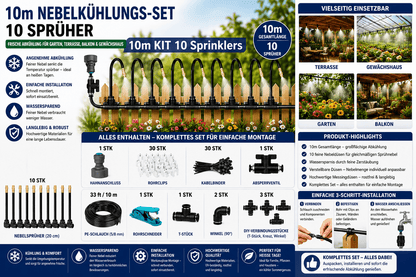 Nebelkühlsystem Garten mit 10 Sprühern, 10m KIT für Terrasse, Balkon, Gewächshaus und Garten.
