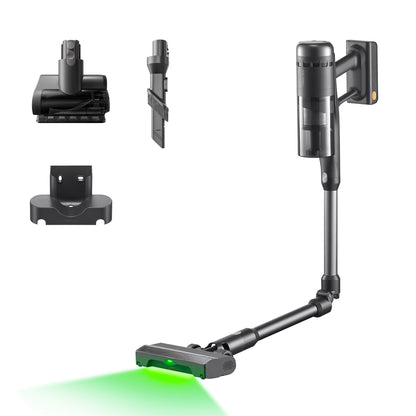 Roborock H60 Ultra mit grüner Bodenbeleuchtung und Zubehör in schwarzer Ausführung