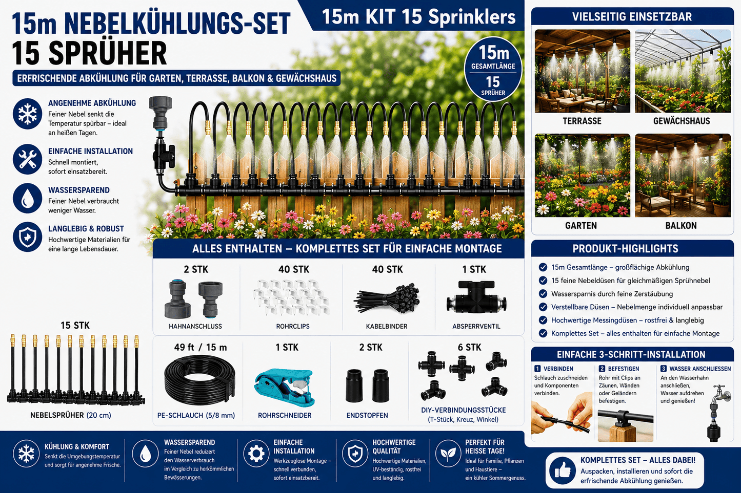 15m Nebelkühlsystem Garten mit 15 Sprühern für Terrasse, Balkon und Gewächshaus - Einfache Montage und effektive Abkühlung.