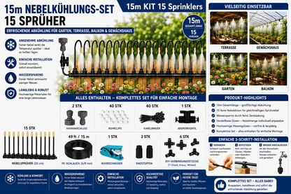 15m Nebelkühlsystem Garten mit 15 Sprühern für Terrasse, Balkon und Gewächshaus - Einfache Montage und effektive Abkühlung.