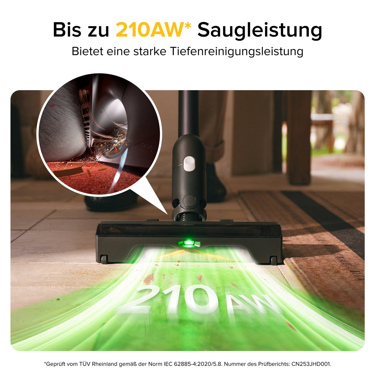 Roborock H60 Ultra mit grüner Bodenbeleuchtung zur besseren Erkennung von Staub