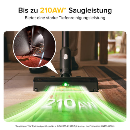 Roborock H60 Ultra mit grüner Bodenbeleuchtung zur besseren Erkennung von Staub