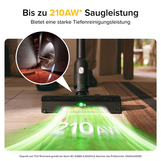 Roborock H60 Ultra mit grüner Bodenbeleuchtung zur besseren Erkennung von Staub