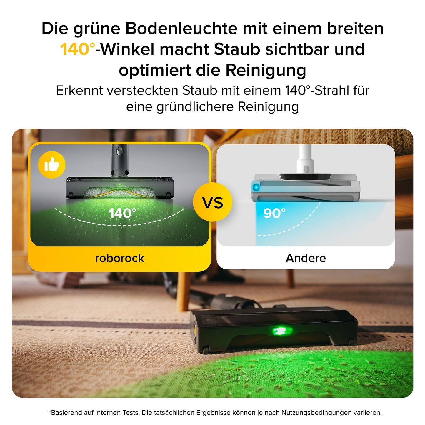 Roborock H60 Ultra bei der Reinigung unter Möbeln mit flexiblem Saugrohr