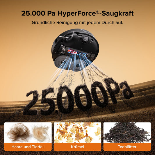 Roborock Qrevo Edge 2 mit 25000 Pa Saugleistung für gründliche Reinigung von Haaren, Krümeln und Teeblättern.