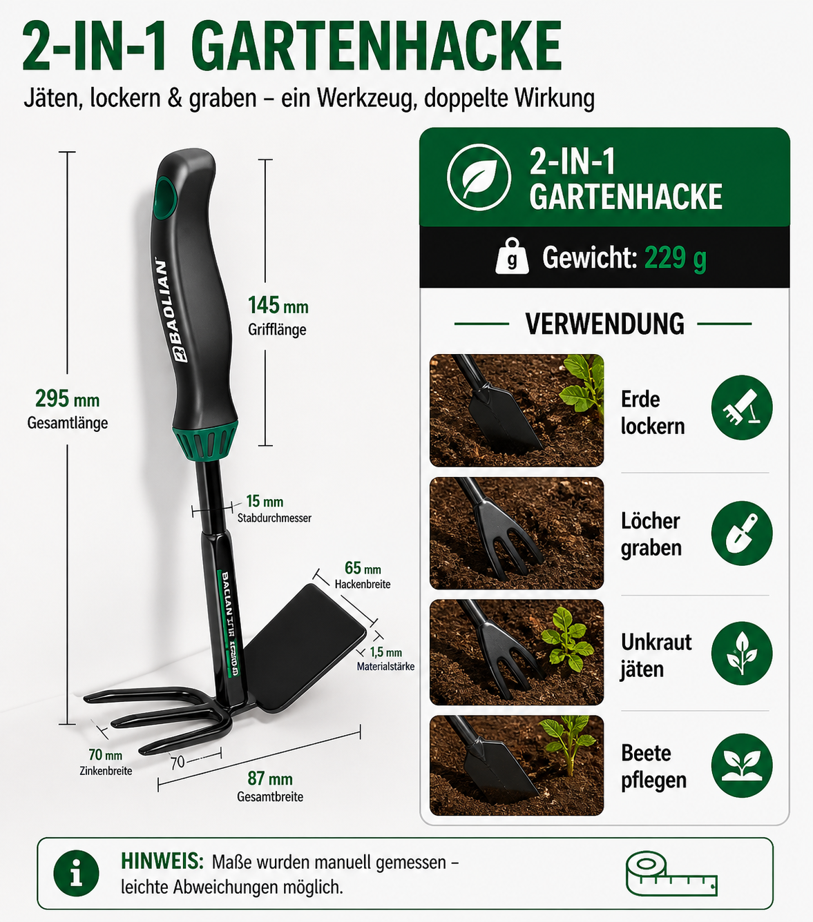Robustes 3-teiliges Gartenwerkzeug-Set aus Hochleistungsstahl – Pflanzschaufel, 5-Zinken-Grabegabel & Unkrautjäter – Ergonomisch & rutschfest für komfortables Arbeiten