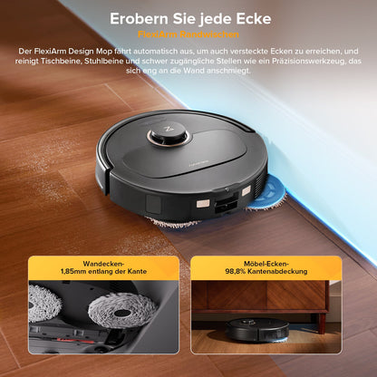Roborock Qrevo S5V in Schwarz mit gründlicher Reinigung entlang von Wänden und Kanten