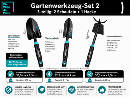 3-teiliges Gartenwerkzeug-Set mit den wichtigsten Produktmerkmalen und Funktionen