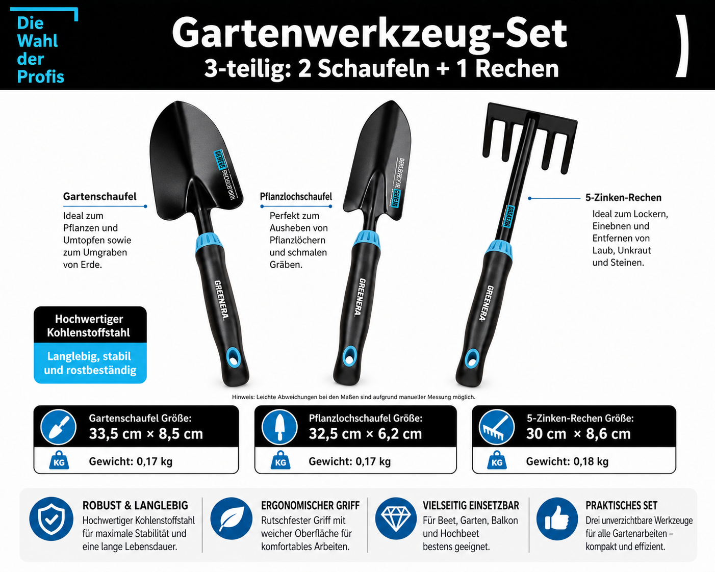 Robustes 3-teiliges Gartenwerkzeug-Set aus Hochleistungsstahl – Pflanzschaufel, 5-Zinken-Grabegabel & Unkrautjäter – Ergonomisch & rutschfest für komfortables Arbeiten