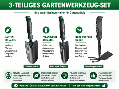 3-teiliges Gartenwerkzeug-Set für Pflanzen, Umtopfen, Jäten und Bodenlockerung