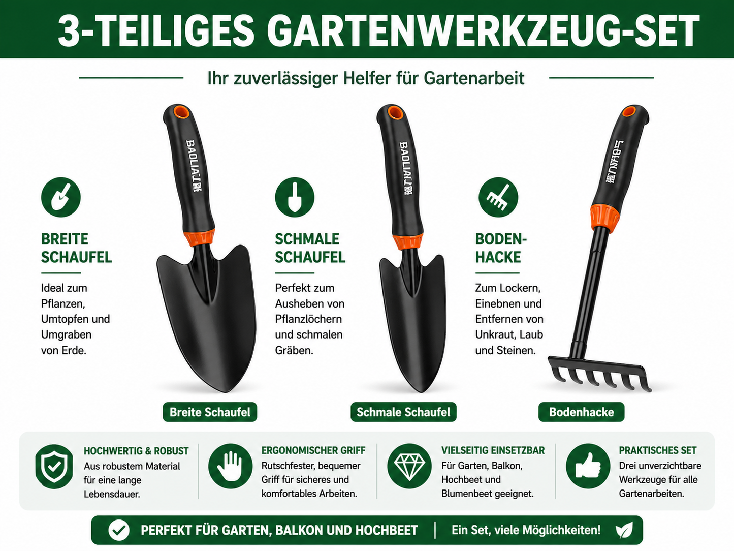 Robustes 3-teiliges Gartenwerkzeug-Set aus Hochleistungsstahl – Pflanzschaufel, 5-Zinken-Grabegabel & Unkrautjäter – Ergonomisch & rutschfest für komfortables Arbeiten