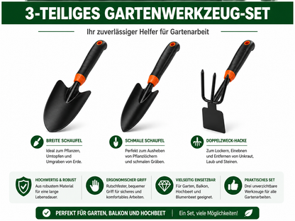 3-teiliges Gartenwerkzeug-Set mit Pflanzschaufel, Grabegabel und Unkrautjäter im Überblick