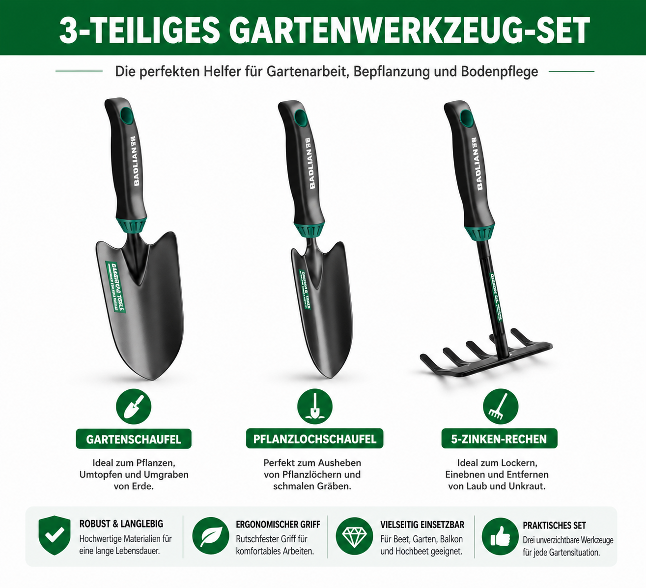Robustes 3-teiliges Gartenwerkzeug-Set aus Hochleistungsstahl – Pflanzschaufel, 5-Zinken-Grabegabel & Unkrautjäter – Ergonomisch & rutschfest für komfortables Arbeiten