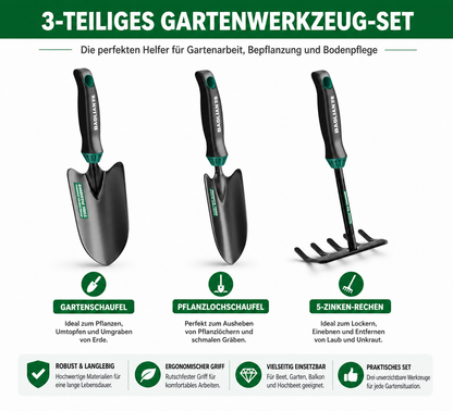 3-teiliges Gartenwerkzeug-Set mit ergonomischen Griffen und robustem Kohlenstoffstahl
