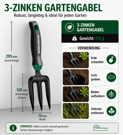 3-teiliges Gartenwerkzeug-Set für Garten, Hochbeet, Balkon und Terrasse