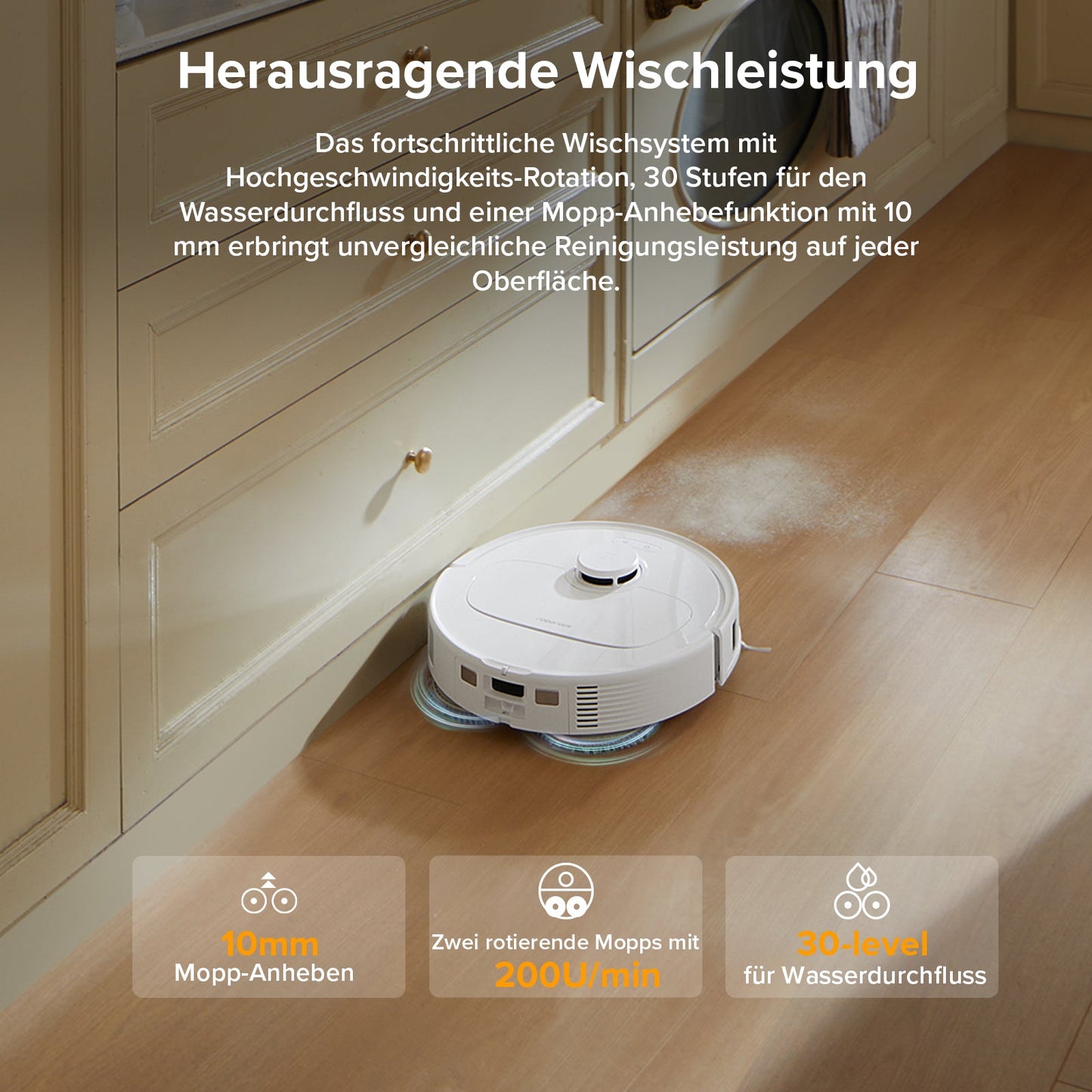 Roborock QV 35A bei der automatischen Bodenreinigung in einem Wohnraum