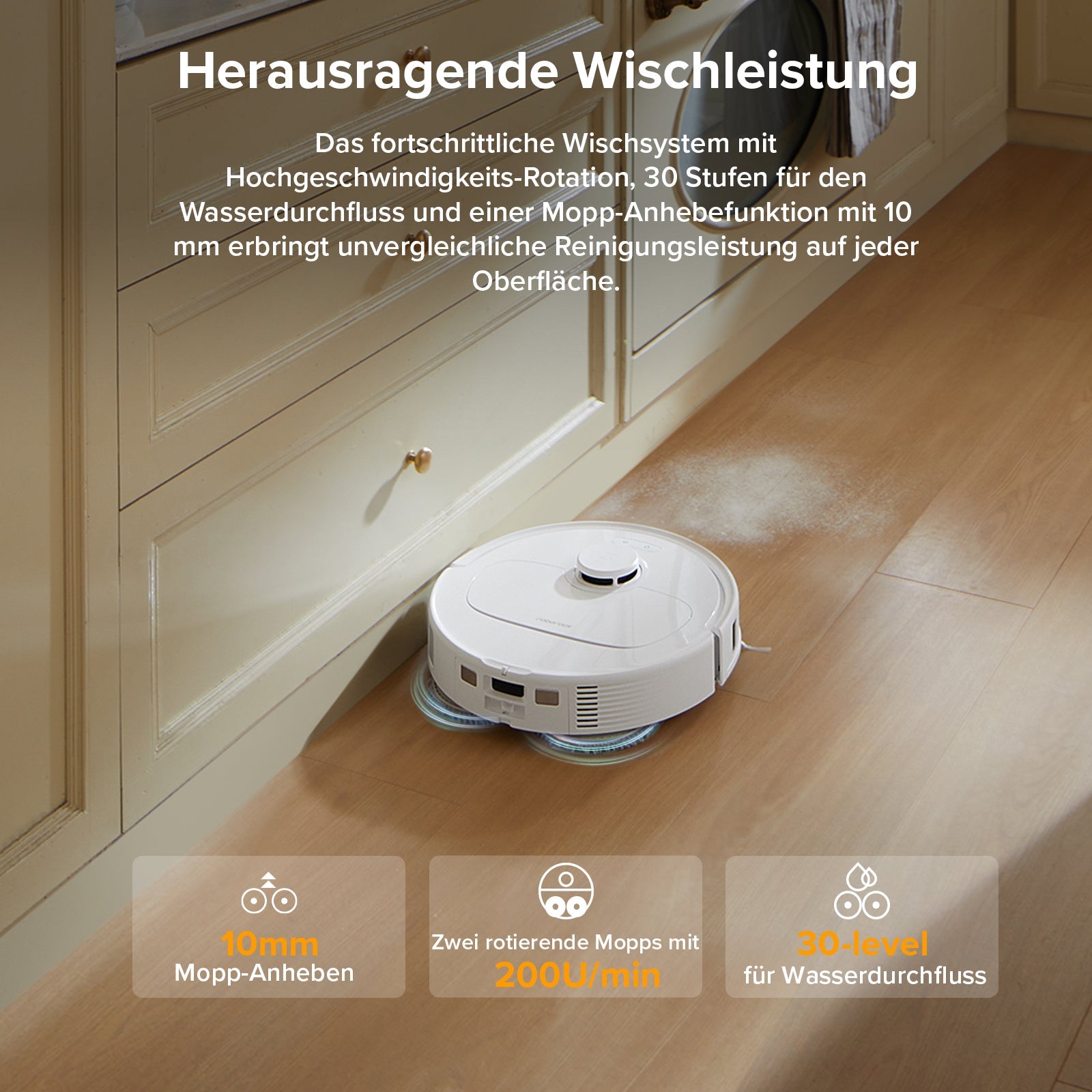 Roborock QV 35A bei der automatischen Bodenreinigung in einem Wohnraum