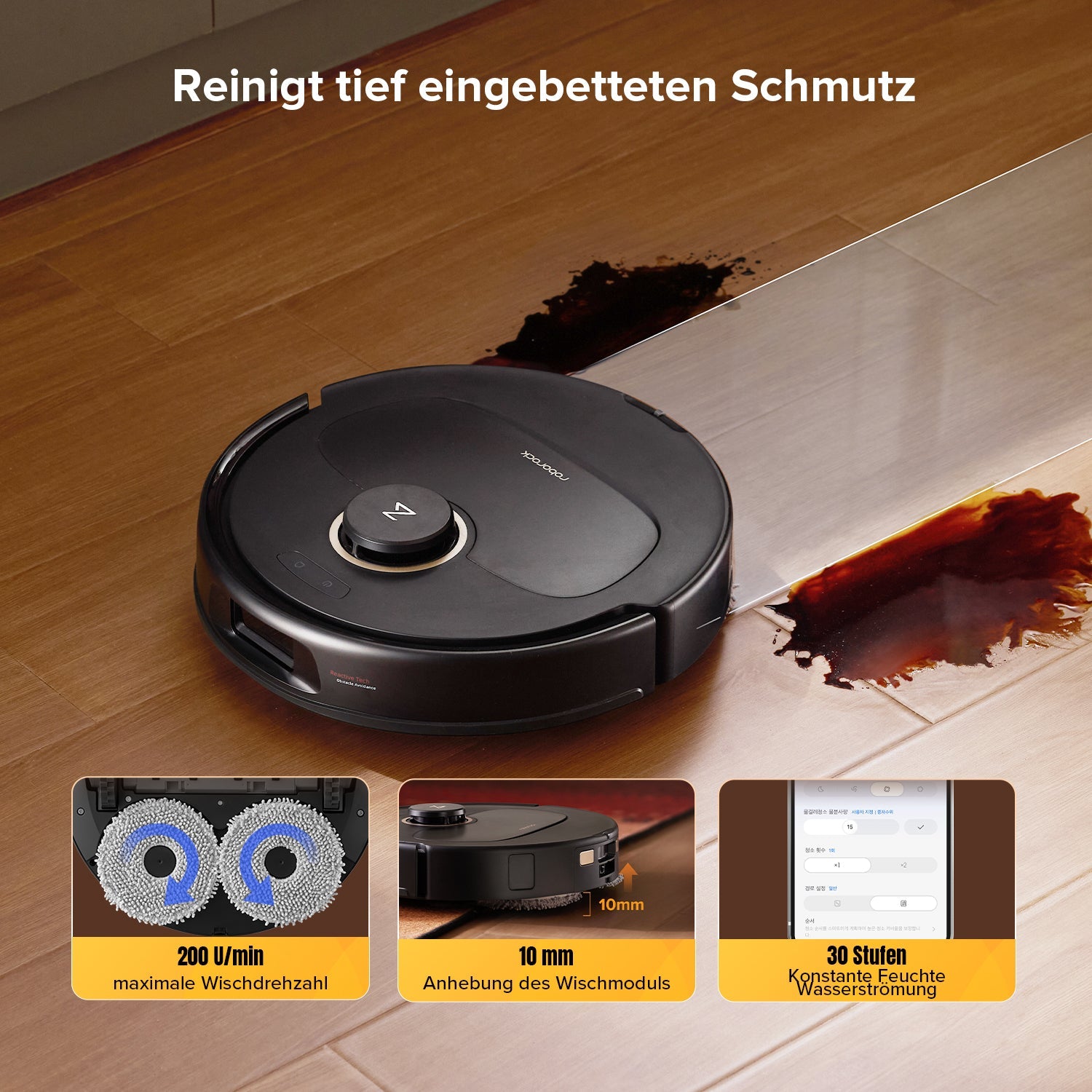 Roborock Qrevo S5V in Schwarz bei der Aufnahme von Staub, Krümeln und Haaren