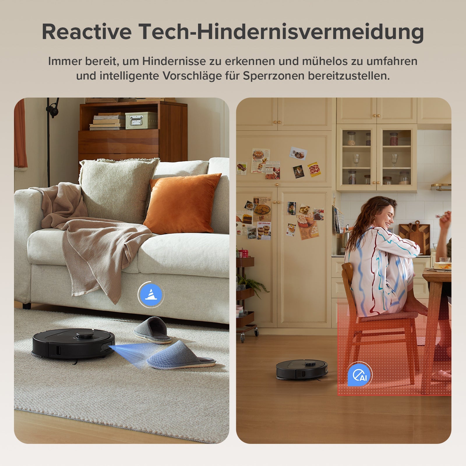 Roborock QV 35A bei der Reinigung verschiedener Bereiche im Wohnraum