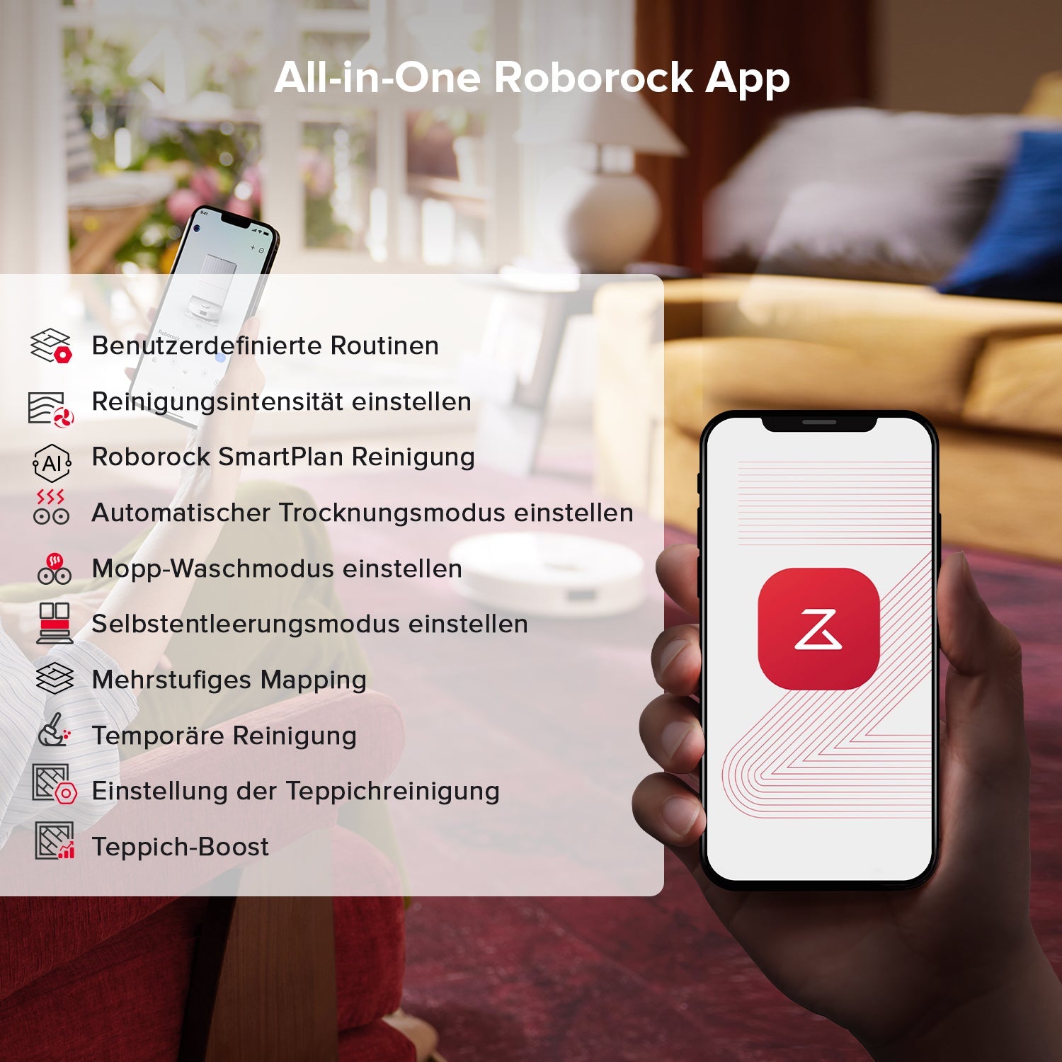 Roborock Qrevo S5V mit App-Steuerung für Räume, Zeitpläne und Sperrzonen