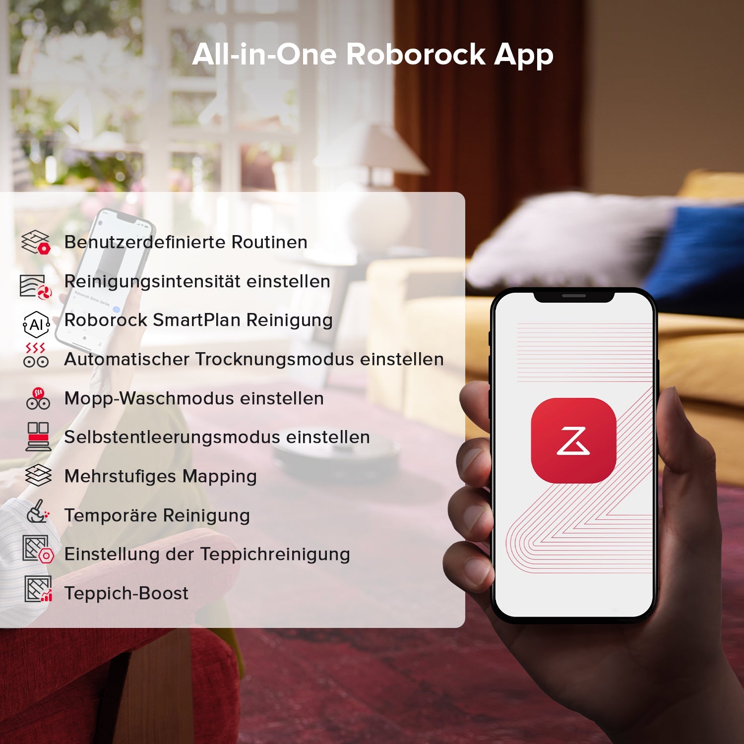 Roborock Qrevo S5V mit App-Steuerung für Reinigungspläne, Räume und Sperrzonen