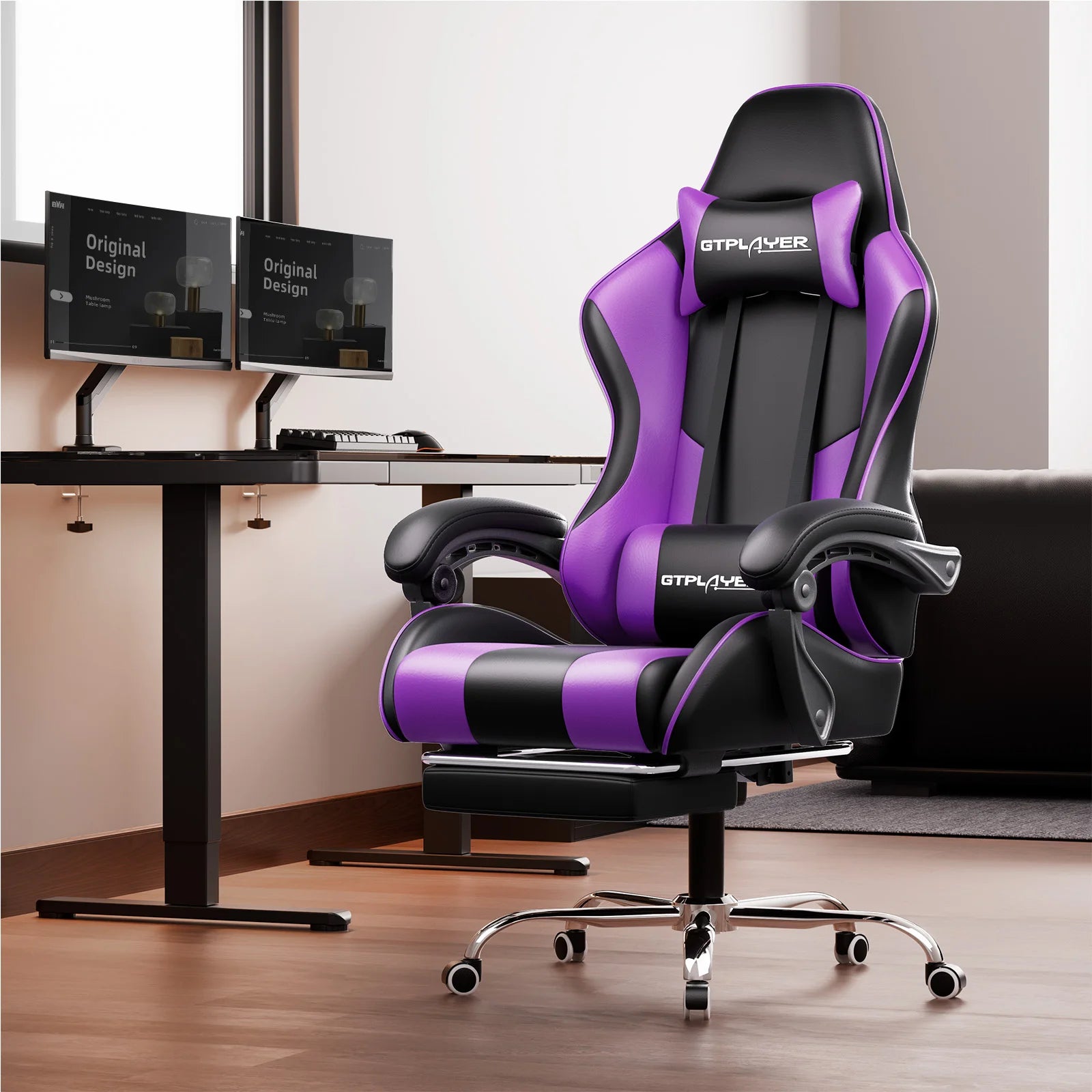 Gaming-Stuhl mit Massage und Fußstütze – lila Variante am Schreibtisch