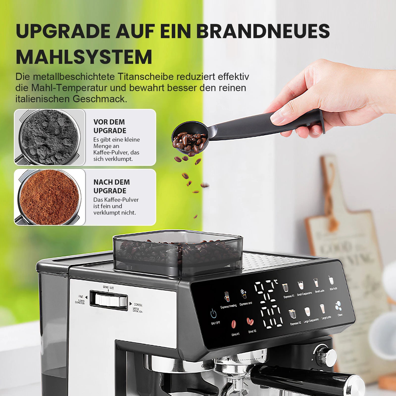 Siebträger-Kaffeemaschine mit Mahlwerk – Infografik zur Verwendung von Kaffeebohnen und Kaffeepulver