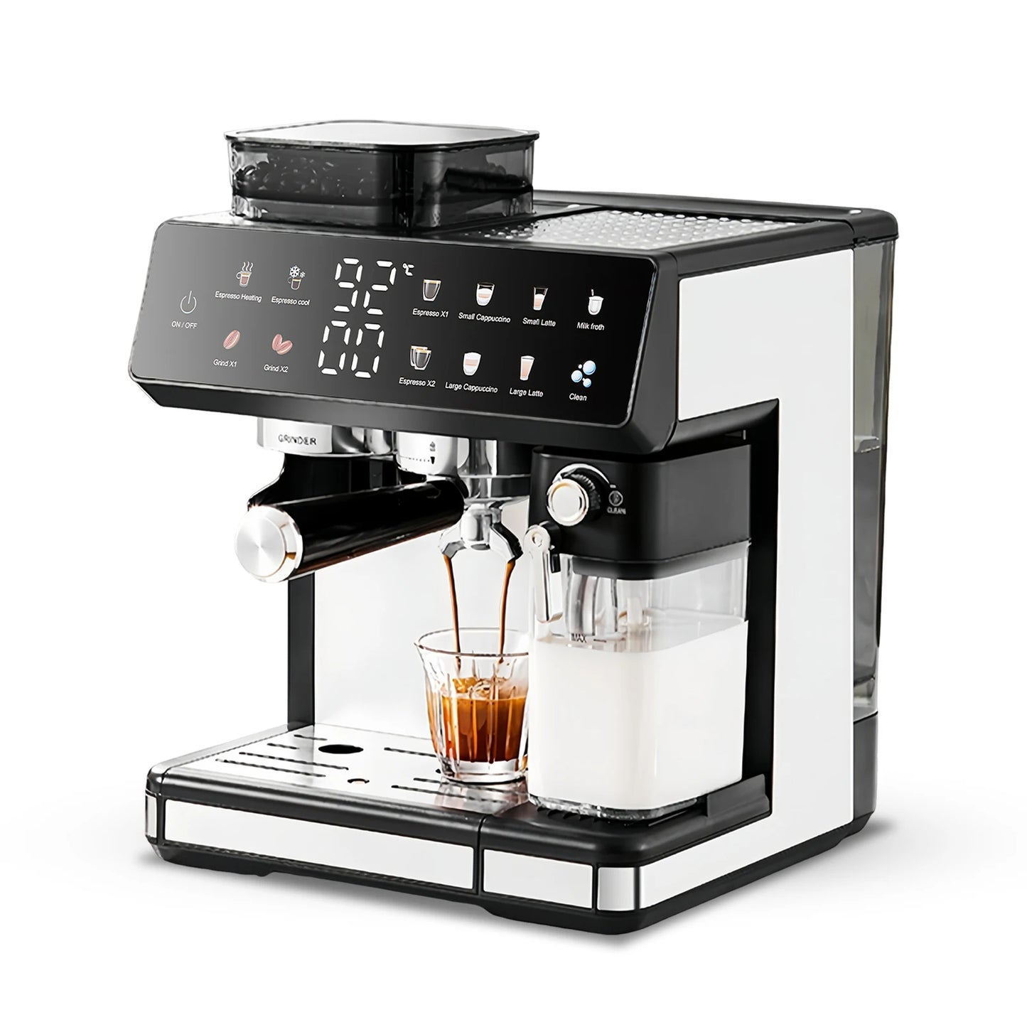 Siebträger-Kaffeemaschine mit integriertem Mahlwerk und Milchsystem in schwarzer Ausführung