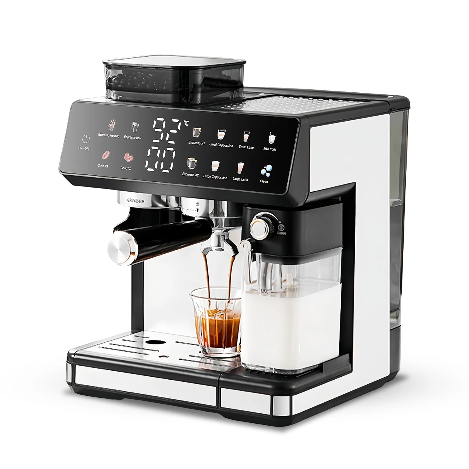 Siebträger-Kaffeemaschine mit integriertem Mahlwerk und Milchsystem in schwarzer Ausführung