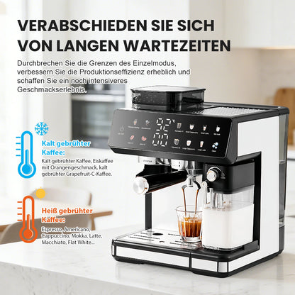 Siebträger-Kaffeemaschine mit Mahlwerk – Infografik zur Kaffeezubereitung und Gerätefunktionen