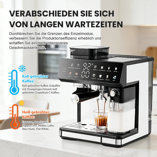 Siebträger-Kaffeemaschine mit Mahlwerk – Infografik zur Kaffeezubereitung und Gerätefunktionen