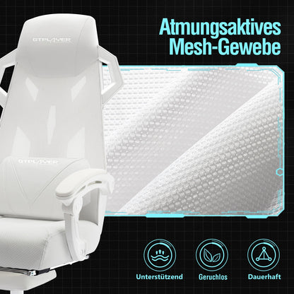 Ergonomischer Bürostuhl in Weiß – Detailansicht der atmungsaktiven Mesh-Rückenlehne