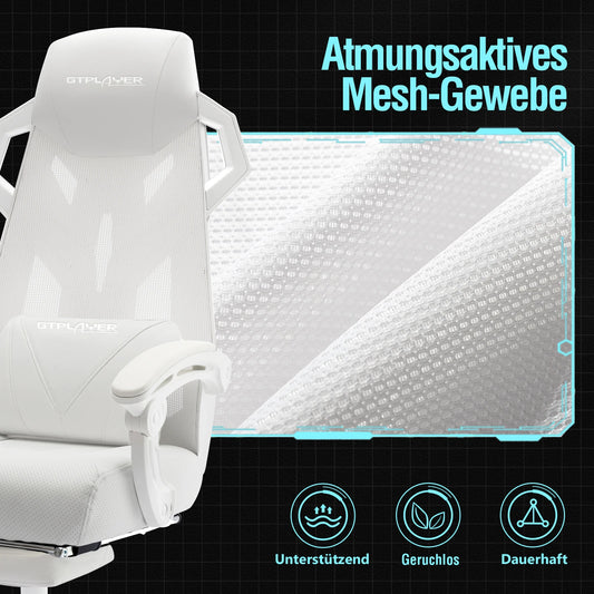 Ergonomischer Bürostuhl in Weiß – Detailansicht der atmungsaktiven Mesh-Rückenlehne