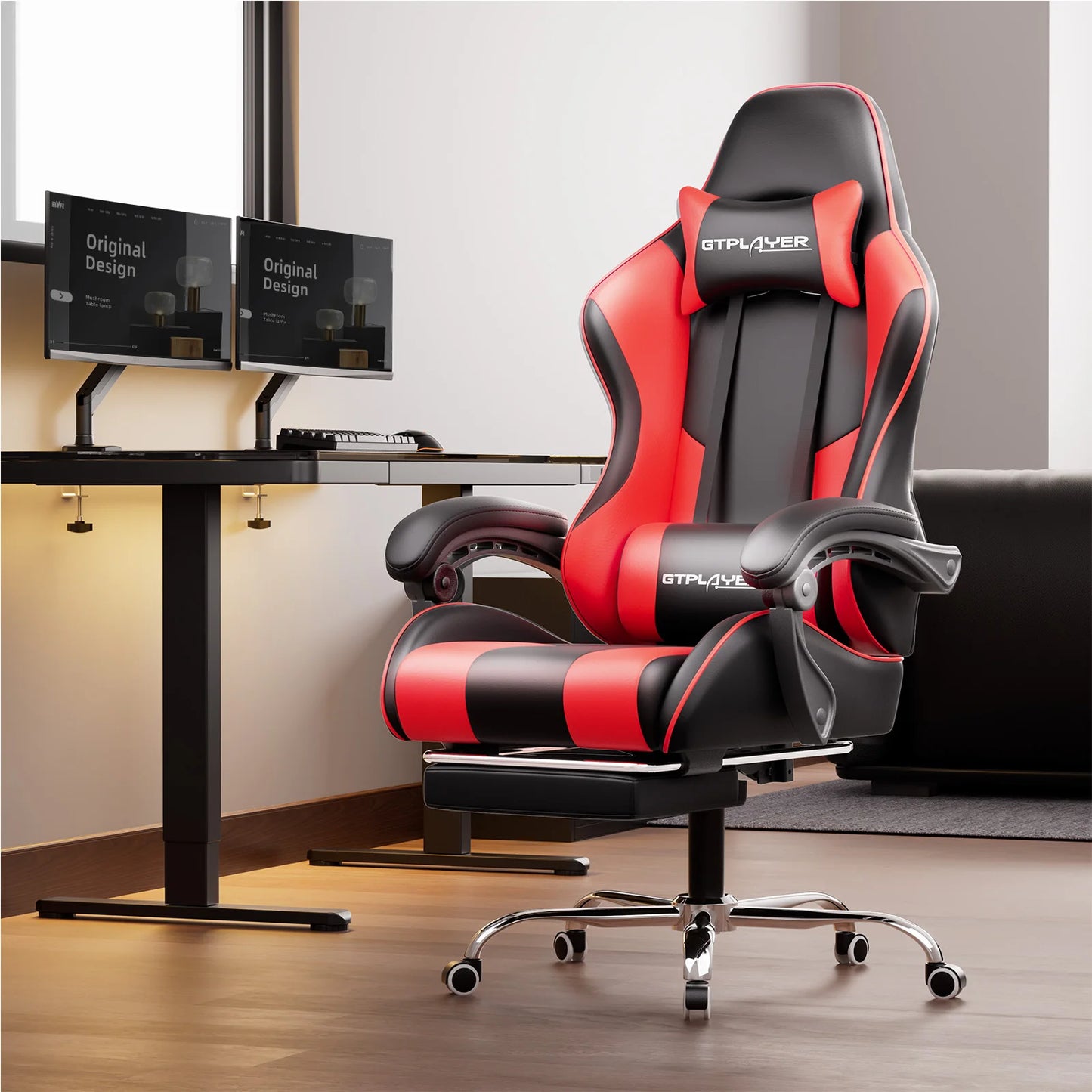 Gaming-Stuhl mit Massage und Fußstütze – rote Variante am Schreibtisch