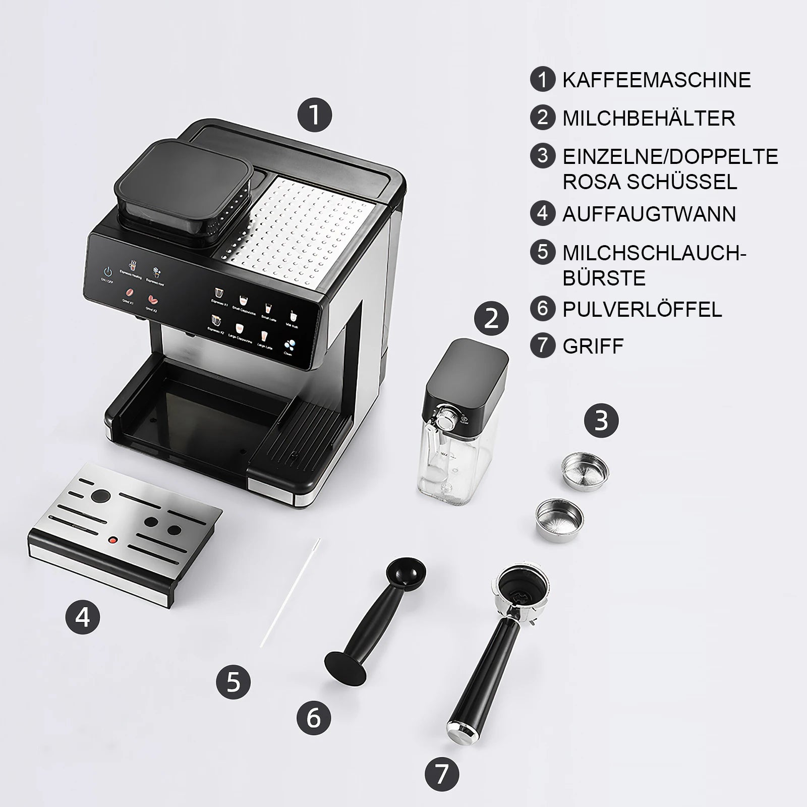 Siebträger-Kaffeemaschine mit Zubehör und einzelnen Komponenten in der Übersicht