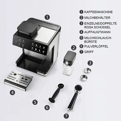 Siebträger-Kaffeemaschine mit Zubehör und einzelnen Komponenten in der Übersicht