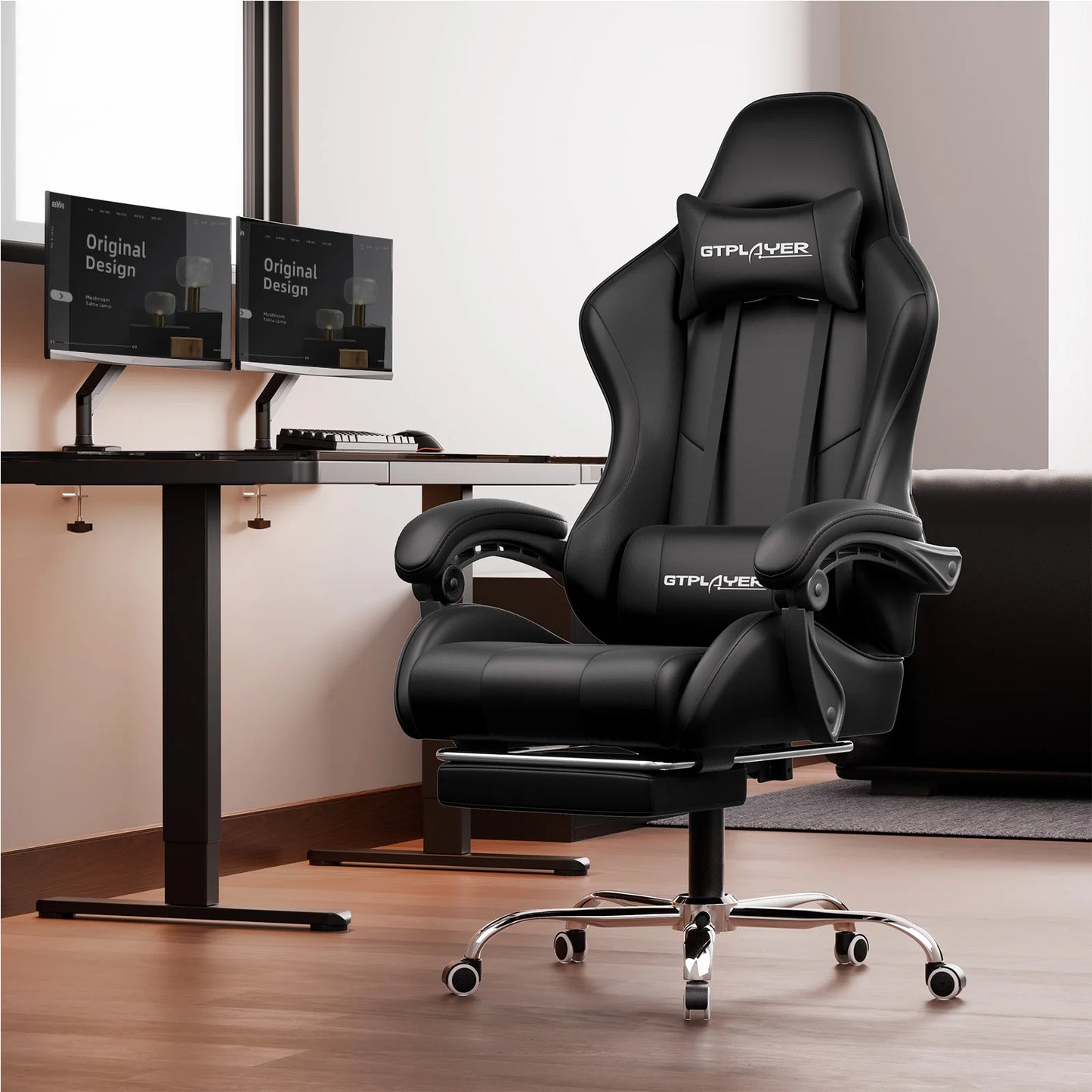 Gaming-Stuhl mit Massage und Fußstütze – schwarze Variante am Schreibtisch