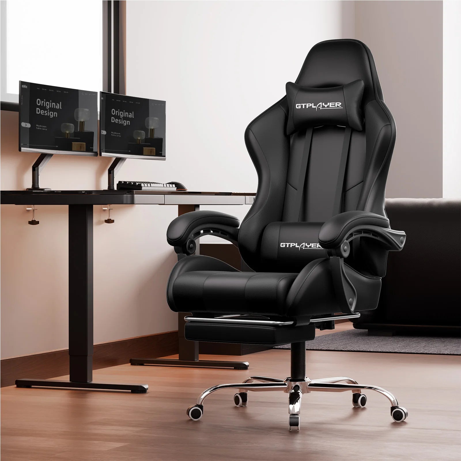 Gaming-Stuhl mit Massage und Fußstütze – schwarze Variante am Schreibtisch