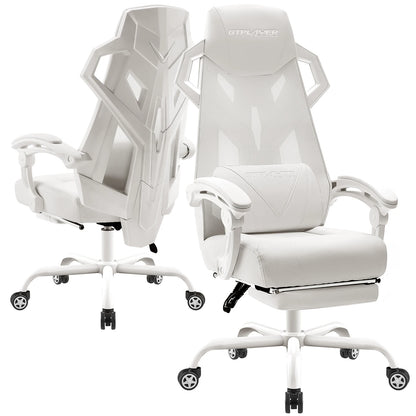 Ergonomischer Bürostuhl in Weiß mit Fußstütze – Produktansicht aus verschiedenen Perspektiven
