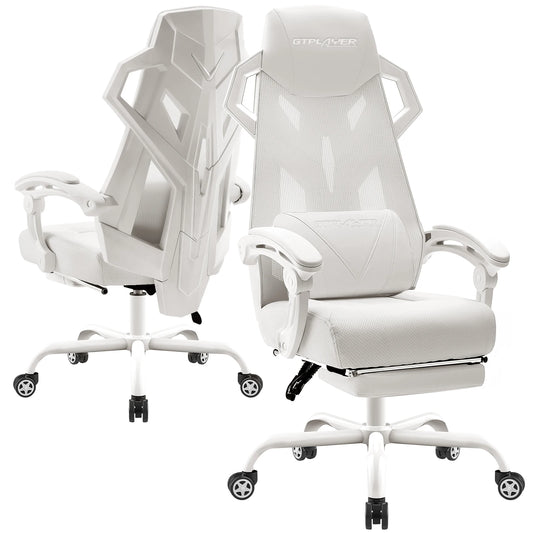 Ergonomischer Bürostuhl in Weiß mit Fußstütze – Produktansicht aus verschiedenen Perspektiven