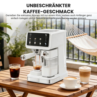 Barista-Genuss mit weißer Espressomaschine auf der Küchenarbeitsplatte